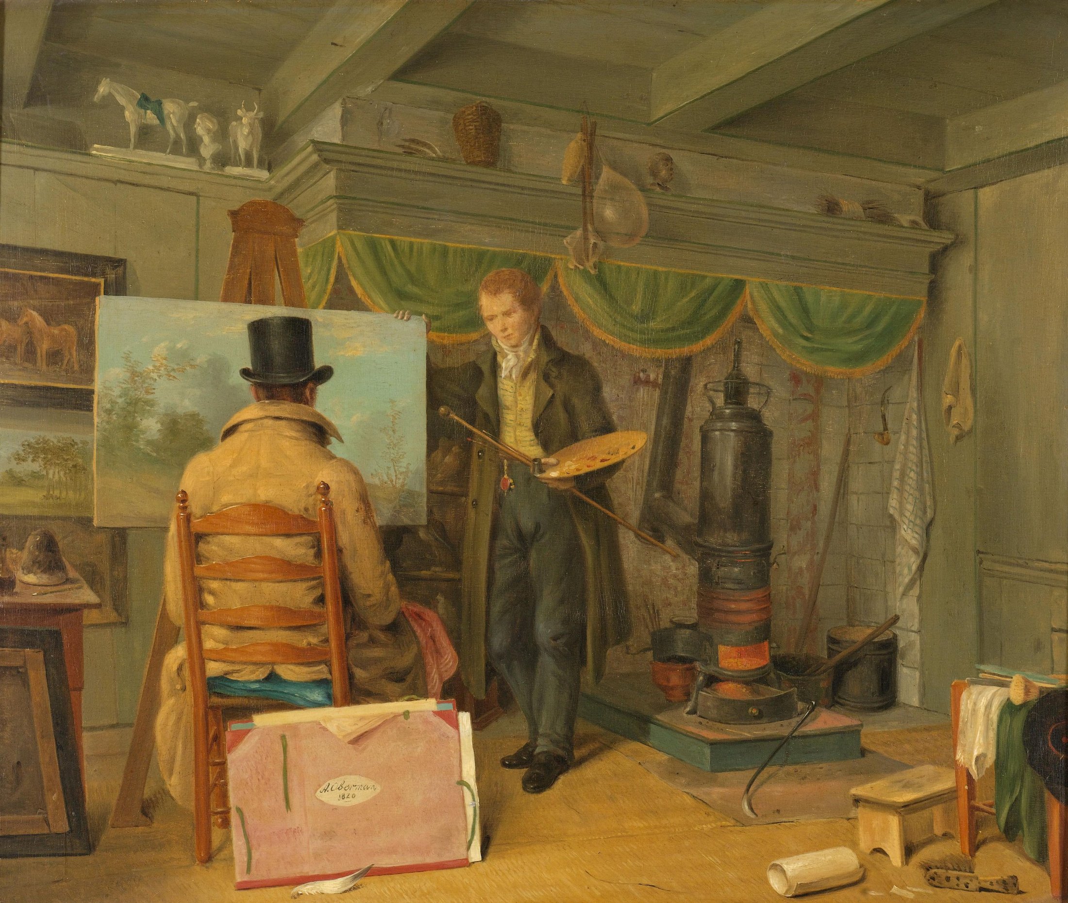 A painter in his studio watches nervously as a visitor looks over his latest painting